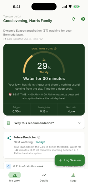Lawn Logic showing a soil moisture arc at 29 percent, labelled Thirsty, with the recommendation to water for 30 minutes.
